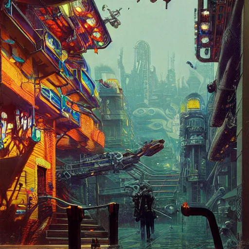 Prompt: painting of syd mead artlilery scifi fish tank with ornate metal work lands on a sidewalk, filigree ornaments, volumetric lights, simon stalenhag, beksinski