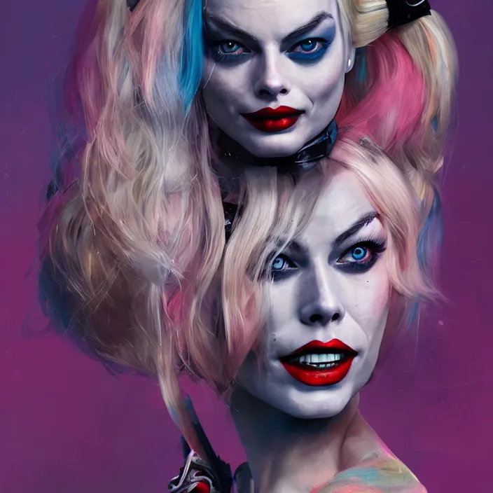 Image similar to portrait of Margot Robbie as a harley quinn. intricate abstract. intricate artwork. by Tooth Wu, wlop, beeple, dan mumford. octane render, trending on artstation, greg rutkowski very coherent symmetrical artwork. cinematic, hyper realism, high detail, octane render, 8k, iridescent accents