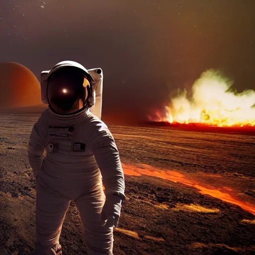 Image similar to astronaut stranded on planet, destroyed ship that is crash landing, exploding planet in background, fire, white smoke, impending fear, 4 k, dystopian, lonely, isolated space station in space, sci - fi, crash landing, asteroids.