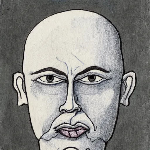 Image similar to portrait of bald short - bearded man with round face, small eyebrows, wide lips and kind blue eyes, minimalictic black and white art brut, ink, pencil