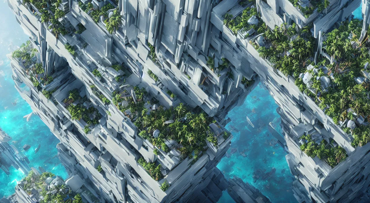 Image similar to a matte painting of high - tech floating city earthquake, concept art, gravels around, coconut palms, weightlessness, reverse, by yang qi, romain jouandeau, quy ho, karol bak, beeple, 4 k, unreal engine, vray render, artstation