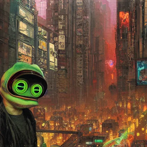 Image similar to a hyperrealistic painting of a cyberpunk city with cyborg pepe the frog walking through portals and robotic aliens, flying cars, cinematic horror by chris cunningham, richard corben, highly detailed, vivid color, beksinski painting, part by adrian ghenie and gerhard richter. art by takato yamamoto. masterpiece