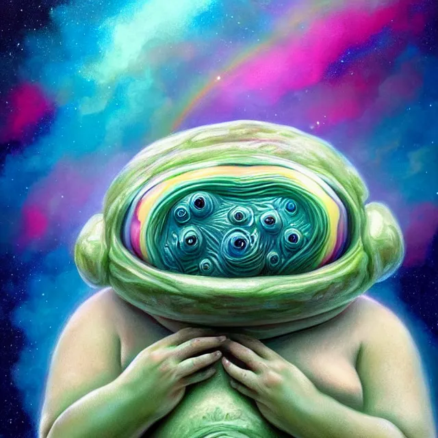 Prompt: a highly detailed tardigrade, it has rainbow hair and a beautiful unconventional face, floating through deep space, elegant, hyperrealistic, digital painting, artstation, realism, concept art, pop, smooth, mythological, sharp focus, qualia, illustration, art by mark ryden 3 d 8 k ultra detailed