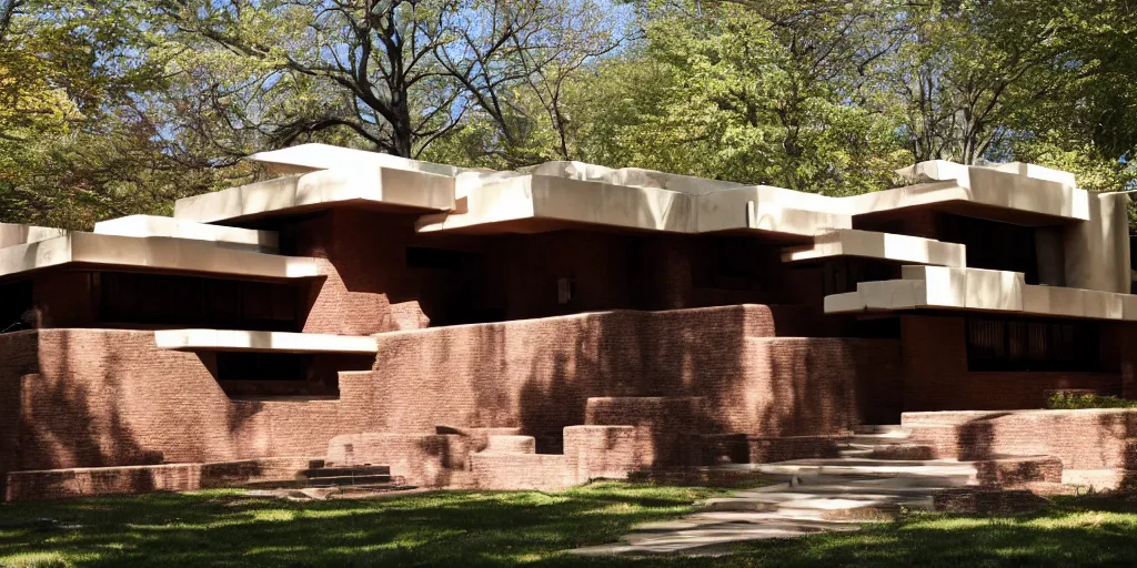 Prompt: brutality frank lloyd wright house, photo