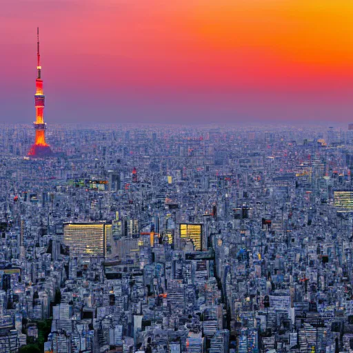 Image similar to landscape of Tokyo with a tower at sunset