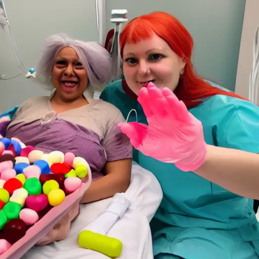 Image similar to photo of a happy patient and doctor or nurse in a hospital room made out of soft candy, candy hospital equipment, candy hospital room, candy treatments, oompa loompa virus, willy wonka pandemic