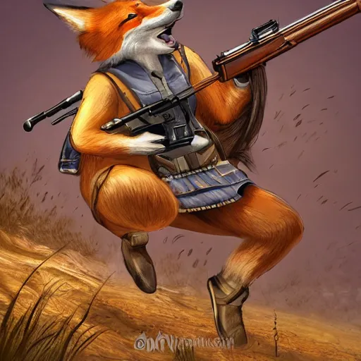 Image similar to a beautiful, dynamic illustration of an anthropomorphic fox - woman running and gunning with a winchester rifle, wild west theme, focal depth, highly detailed digital art, trending on artstation, 8 k,