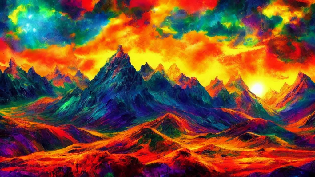 Image similar to a psychedelic illusion mountain scenery, moody, space, colorful, sun, artstation, digital art.