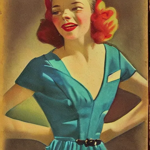 Prompt: “Sydney Sweeney portrait, color vintage magazine illustration 1950”