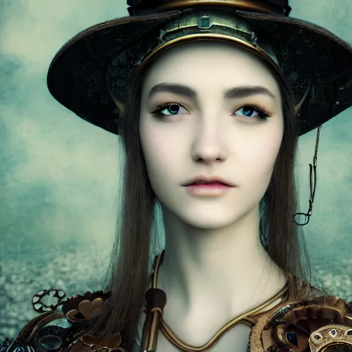 Prompt: a portrait of a beautiful steampunk woman by zhang jingna, long hair, aged 2 5, swedish, wearing a travel hat, photo realistic, real life, photograph, 3 5 mm, octane render, trending on artstation