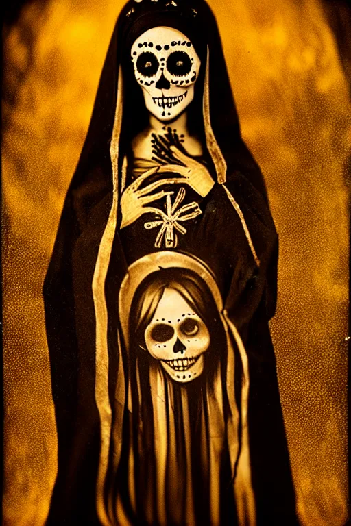 Image similar to tintype virgin mary in dia de muertos dress and make up, horrific beautiful vibe, evocative, atmospheric lighting, painted, intricate, highly detailed,