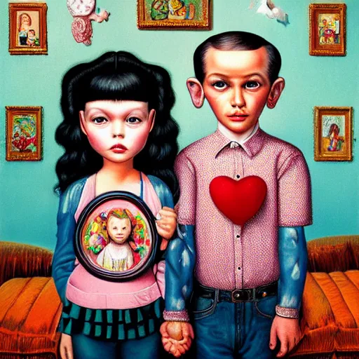 Image similar to a couple and their child portrait, living room wall background, lowbrow art pop surrealism 70's art style, by Mark Ryden and Hikari Shimoda