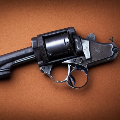 Image similar to product photography of a steampunk revolver