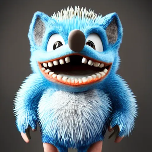 Image similar to anthropomorphic blue hedgehog with human teeth, studio portraitng