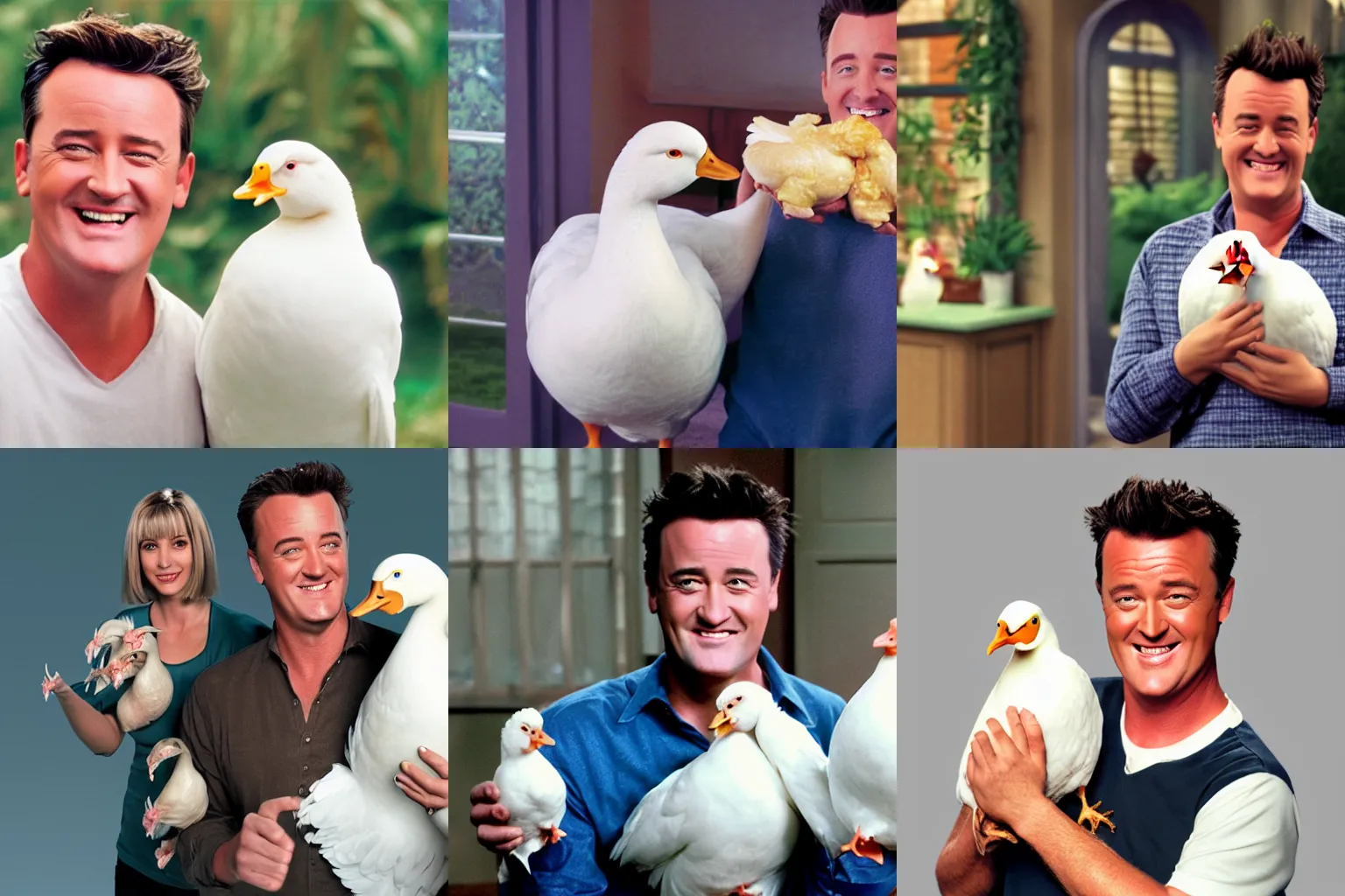 Prompt: chandler bing smiling holding a white chicken and a white duck, 'friends' Episode screenshot, 35mm film still, unreal 5, DAZ, hyperrealistic, octane render, Detailed Digital Art, dynamic lighting, Highly Detailed, Cinematic Lighting, Unreal Engine, 8k, HD