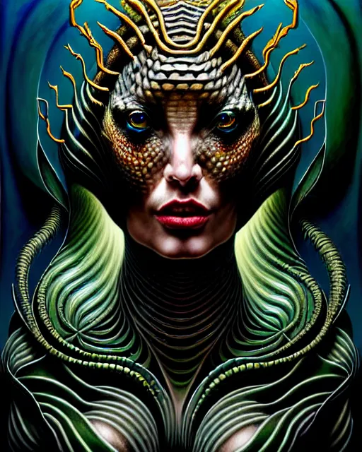 Image similar to single face portrait. complex hyper-maximalist overdetailed cinematic cosmic scifi portrait of an elegant very attractive but wild and dangerous humanoid reptilian goddess by andrei riabovitchev, tomasz alen kopera, oleksandra shchaslyva. Omnious intricate. Secessionist portrait illustration. Poison goddes. Slightly influenced by giger. Zerg human hybrid goddes. Unreal engine 5. Focus on face. Artstation. Deviantart. 8k 4k 64megapixel. Cosmic horror style. Rendered by binx.ly.