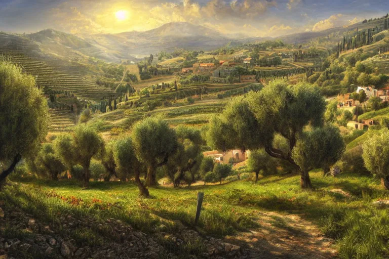 Image similar to beautiful amazing mind-bending stunning inspiring painting of a traditional hilly rural town landscape with many olive trees!, fantasy, painted in photoshop, digital art, hyperrealistic, sharpened, highly detailed, cinematic, wide angle, warm lighting, trending on artstation