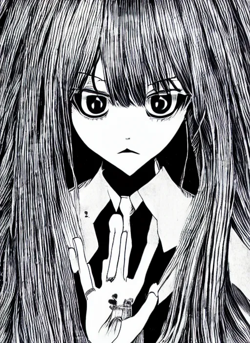 Prompt: hatsune miku by junji ito and kentaro miura, horror manga, detailed, eerie