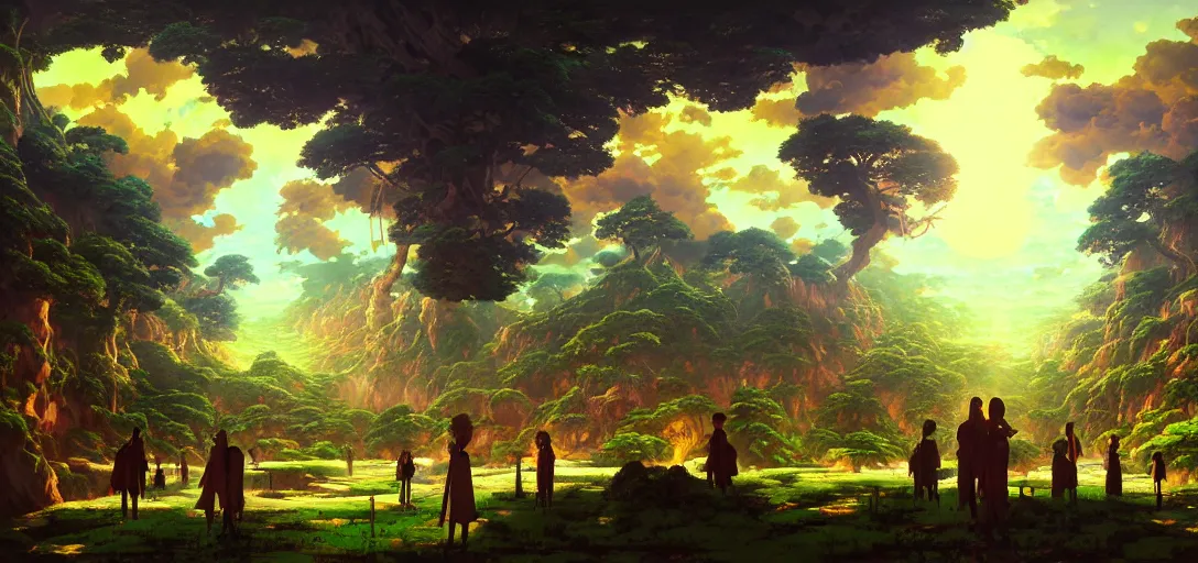 Prompt: baroque oil painting of anime key visual environment of a garden of eden in a cyberpunk world, brutalist, dark fantasy, sunset, rule of thirds, digital cel shading, fake hidden detail, trending on pixiv fanbox, style of makoto shinkai studio ghibli jamie wyeth james gilleard greg rutkowski