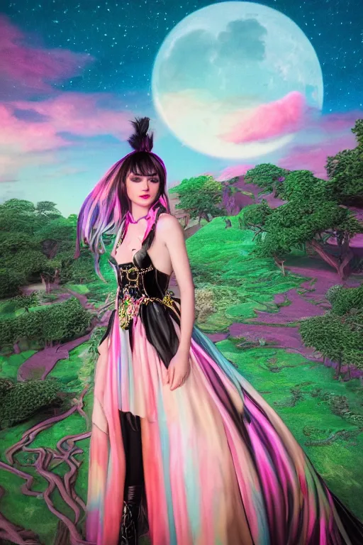 Prompt: Ethereal safari landscape with a pink rainbow sky under a goddess moonstone, black leather and embroidered Lolita dress in velvet, rich color, dramatic cinematic lighting, featured on Artstation, extremely detailed by Lisa Frank