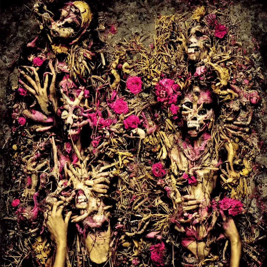 Image similar to award winning photo of sacred voodoo ritual, gold and concrete, human sacrifice, death, frantic, rotten flesh, flowers, evil cult, mysticism, vivid colors, weird and disturbing, symmetrical face, neon lights, studio lighting, wide shot art by sally mann & arnold newman