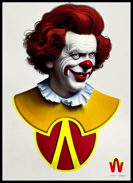 Image similar to close up portrait of ronald mcdonald, yellow jumper with white collar, sinister by artgerm, cushart krenz, greg rutkowski, mucha. art nouveau. gloomhaven, golden arches logo, pale colors, sharp edges. ultra clear detailed. 8 k. elegant, intricate, octane render