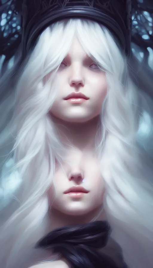 Image similar to portrait of a beautiful girl, flowy white hair, cinematic lighting, highly detailed, dark forest, digital painting, trending on artstation, pixiv, concept art, sharp focus, illustration, art by ross tran and wlop