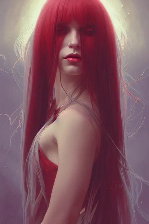 Image similar to a beautiful girl with long white hair and bangs, red eyes, fantasy, portrait, sharp focus, intricate, elegant, digital painting, artstation, matte, highly detailed, concept art, illustration, ambient lighting, art by ilya kuvshinov, artgerm, Alphonse mucha, and Greg Rutkowski