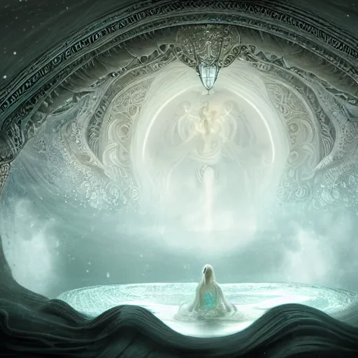 Image similar to white pool with intricate and surreal magic circles of white water within which float goddess of illusion, beautiful, magic doorway, mist, bioluminescence, dressed in intricate veils and jewels, epic environment, matte painting, diffused lighting, highly detailed cinematic, epic atmosphere, diffused lighting, highly detailed digital art, trending on artstation, depth of field, wide angle