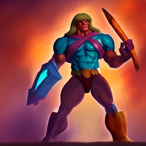 Prompt: He-man Gorpo, styleframe, concept art, artstation, brush texture, painted with oil