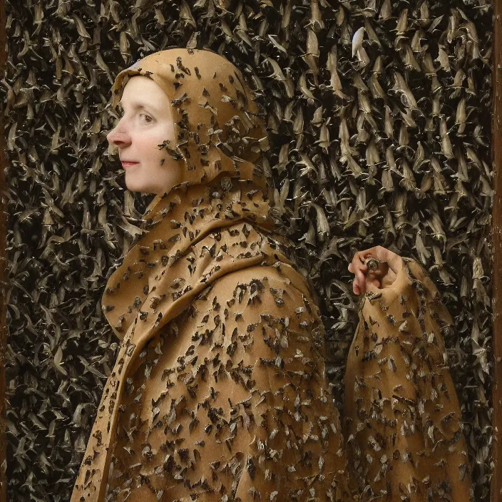 Image similar to a woman wearing a hood made of birds, in an abandoned office building, by jan van eyck, canon eos c 3 0 0, ƒ 1. 8, 3 5 mm, 8 k, medium - format print