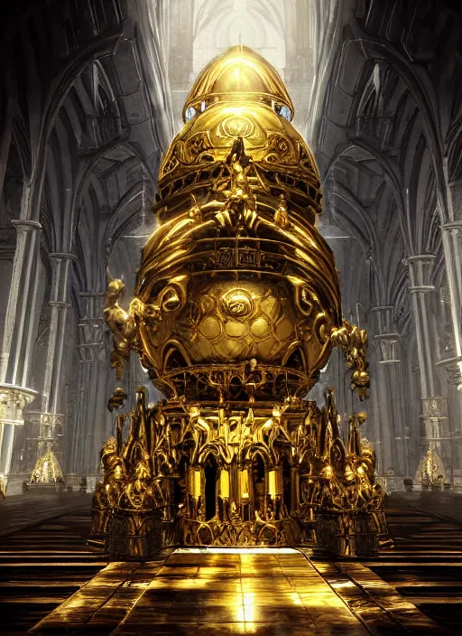 Image similar to Giant golden ornate egg in the middle of a cathedral. In style of Yoji Shinkawa and Hyung-tae Kim, trending on ArtStation, dark fantasy, great composition, concept art, highly detailed, dynamic pose.