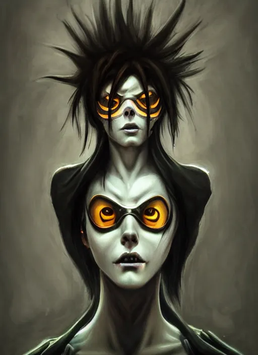 Image similar to dark portrait painting of tracer from overwatch, in style of zdzisław beksinski, scary, horror, overwatch tracer character, detailed face, dressed in dark garment, black tendrils, tall,