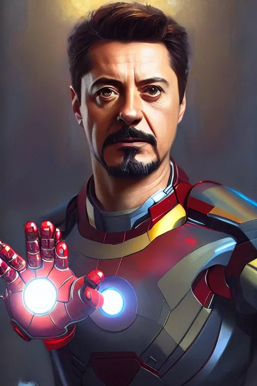 Image similar to volodymyr zelensky as tony stark, portrait, iron man, highly detailed, digital painting, artstation, concept art, smooth, sharp focus, illustration, cinematic lighting, art by artgerm and greg rutkowski and alphonse mucha