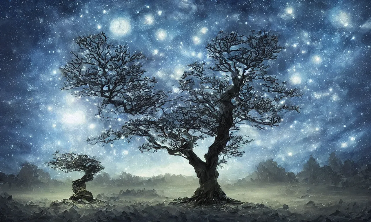 Prompt: a beautiful digital painting of a tree with low poly crystal diamond leaves, starry night sky, translucid, pretty lights, pristine marble trunk, elegant, highly detailed, artstation, concept art, matte, sharp focus, art by tom bagshaw, kelogsloops and greg rutkowski