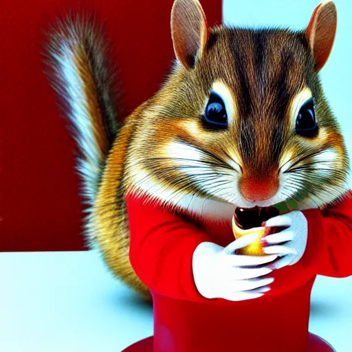 Prompt: a high quality photo of a chipmunk wearing a red suit and eating, render, ultra realistic, cgsociety