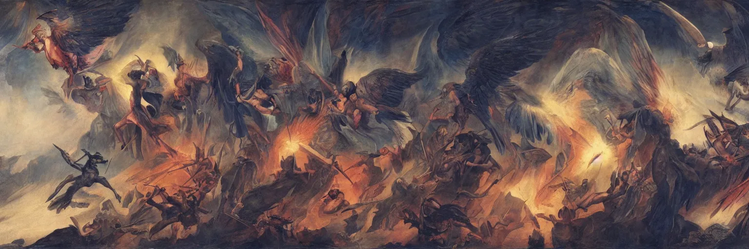 Image similar to Paradise Lost and the fall of Babylon as angels and demon fight in an unending battle. John Martin, Greg Rutkowsi, Daarken