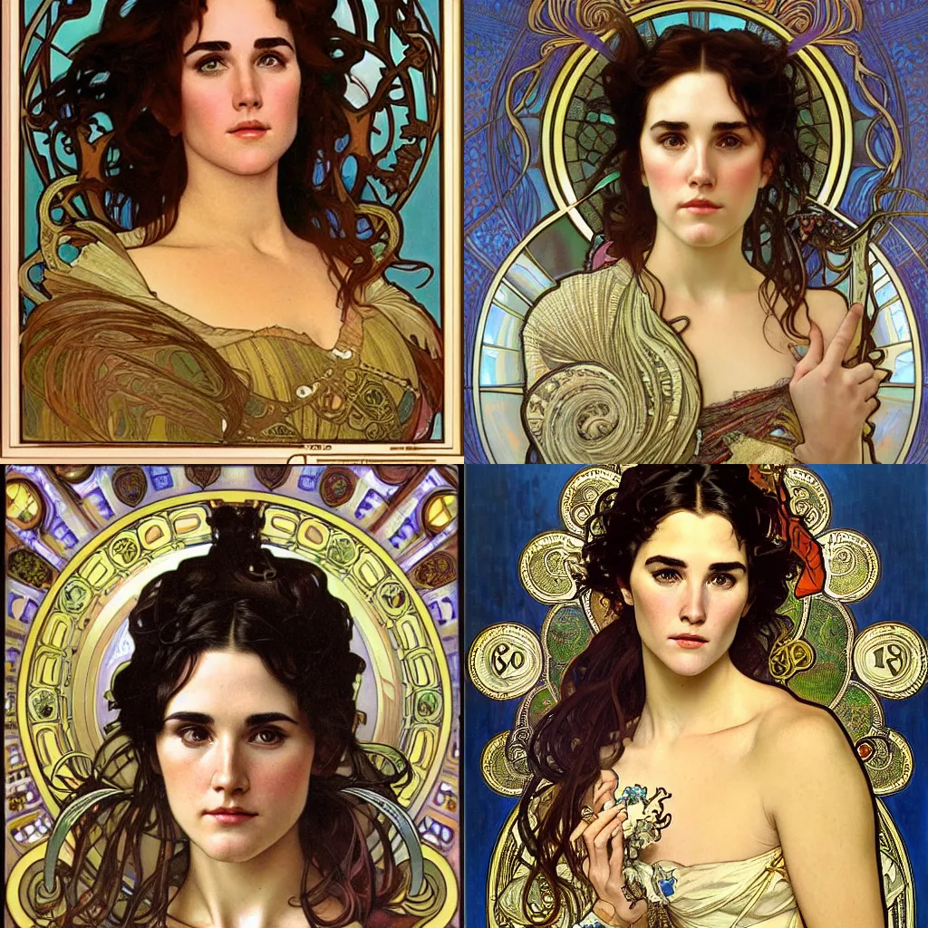 Prompt: realistic detailed face portrait of a young Jennifer Connelly by Alphonse Mucha, Greg Hildebrandt, and Mark Brooks, gilded details, spirals, Neo-Gothic, gothic, Art Nouveau, ornate medieval religious icon