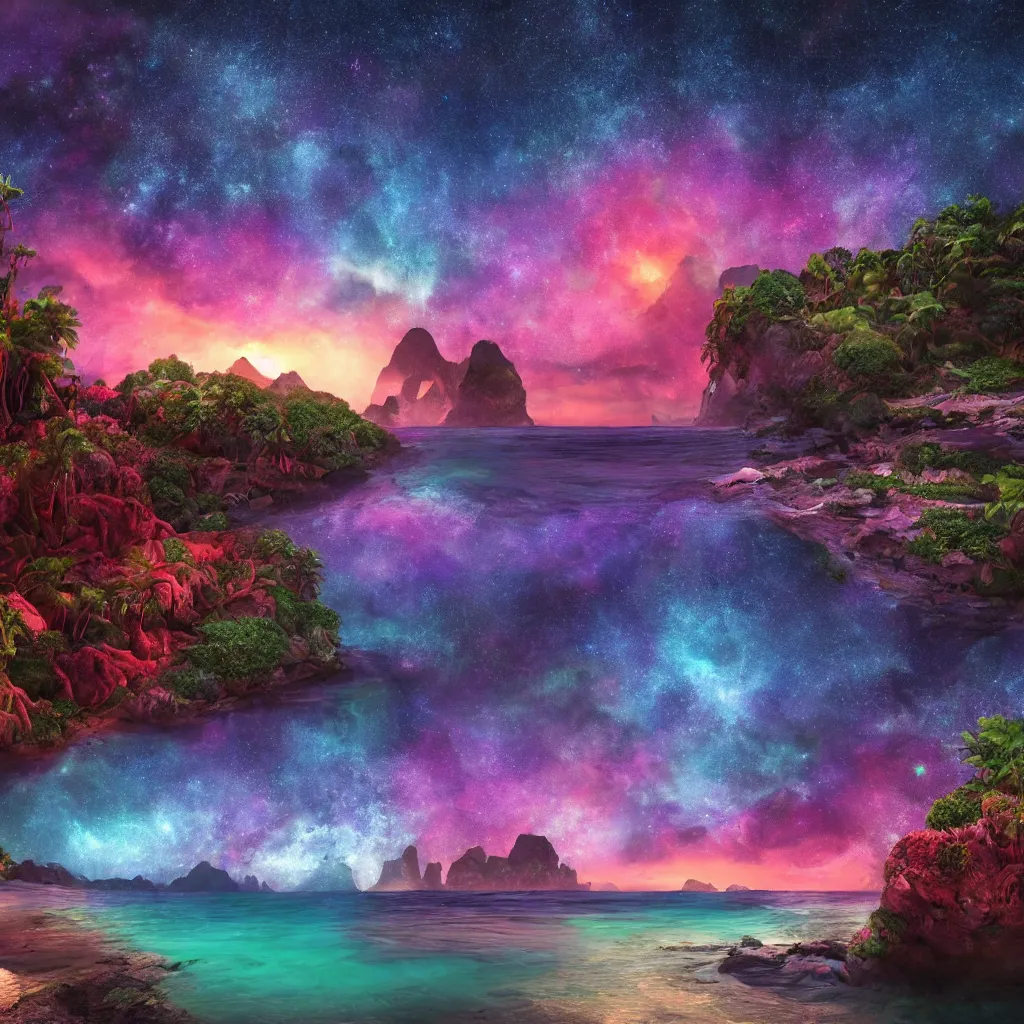 Prompt: landscape photo on lush warm alien beach, night, arching milkyway, sea lit by neon electric psychadelic coral, imposing wave face near shore unbroken ,Jungle, Mountains, lush, cinematic, Lumion rendering, photo realistic, 8k octane render UHD, bright volumetric dynamic lighting, milkyway light,detailed renderings, moonlight