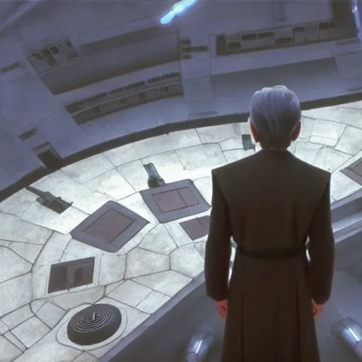 Image similar to Count Dooku standing on ledge observing droid factory star wars