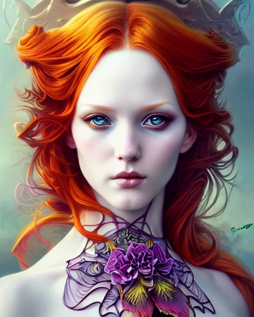 Image similar to Beautiful, evil and playful ethereal ginger portrait, art nouveau, fantasy, intricate flower designs, elegant, highly detailed, sharp focus, art by Artgerm and Alex Ross and WLOP