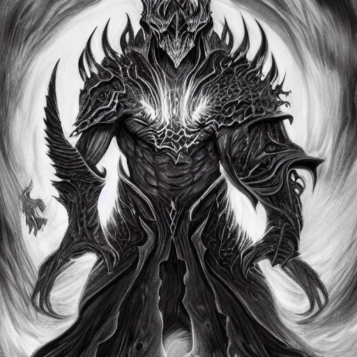 Image similar to full body grayscale drawing by Anato Finnstark of diablo lord of terror in 3/4 view, swirling flames