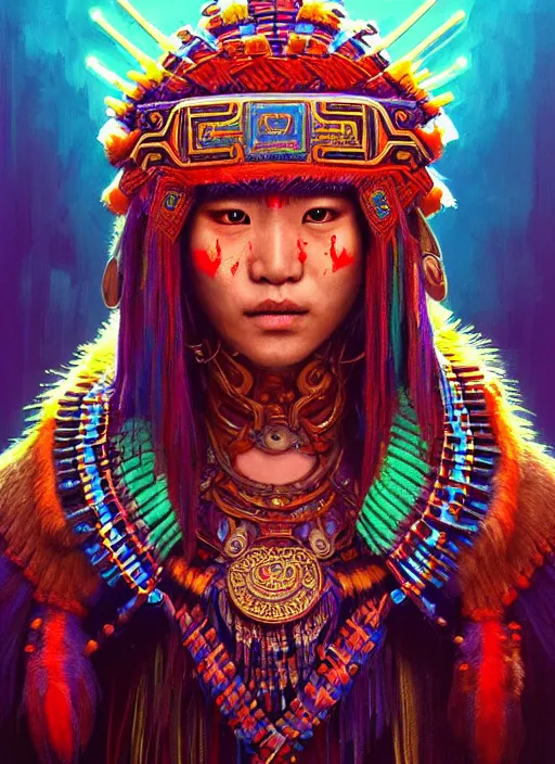 Image similar to portrait of yang yang, hyper detailed ultra sharp aztec shaman warrior. trending on artstation, warpaint aesthetic, bloodwave, colorful, psychedelic, ornate, intricate, digital painting, concept art, smooth, sharp focus, illustration, art by artgerm and greg rutkowski and h. r. giger, 8 k