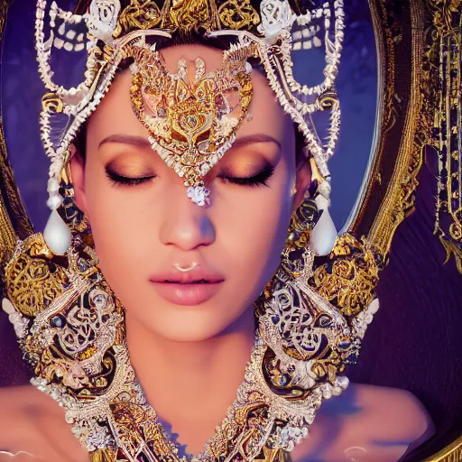 Image similar to portrait of pretty princess with perfect skin, glowing, ornate and intricate diamond jewelry, jaw dropping beauty, ornate and intricate backdrop, white accent lighting, hyper detailed, 4 k octane render