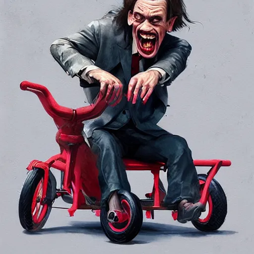 Prompt: hyper realistic absurd, silly, making insane faces, steve buscemi / john waters riding a tiny tricycle, painted by greg rutkowski, wlop, artgerm, dishonored 2, half life 2