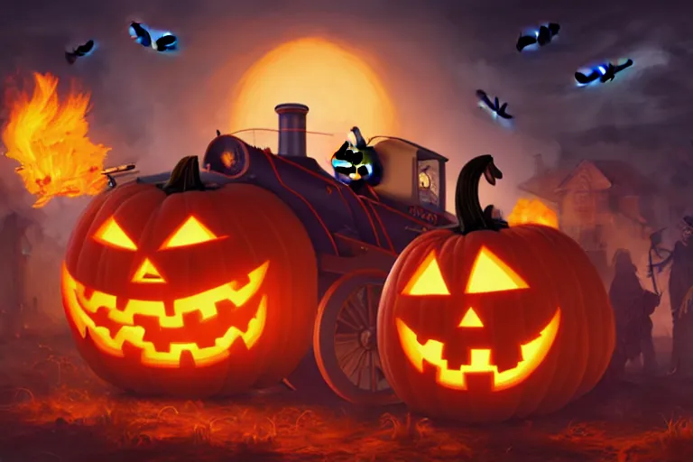 Image similar to portrait of thomas the tank engine hauling jack - o - lantern on fire, halloween night, charlie bowater, artgerm, ilya kuvshinov, krenz cushart, ruan jia, realism, ultra detailed, 8 k resolution