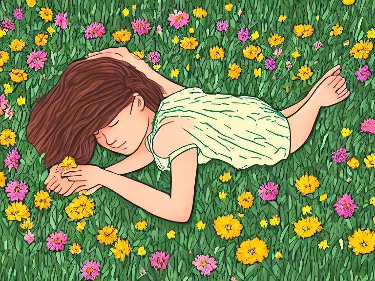 Prompt: drawing of girl laying down in the lawn full of flowers that smells like honey amongst forest with her soul connected to the nature around her