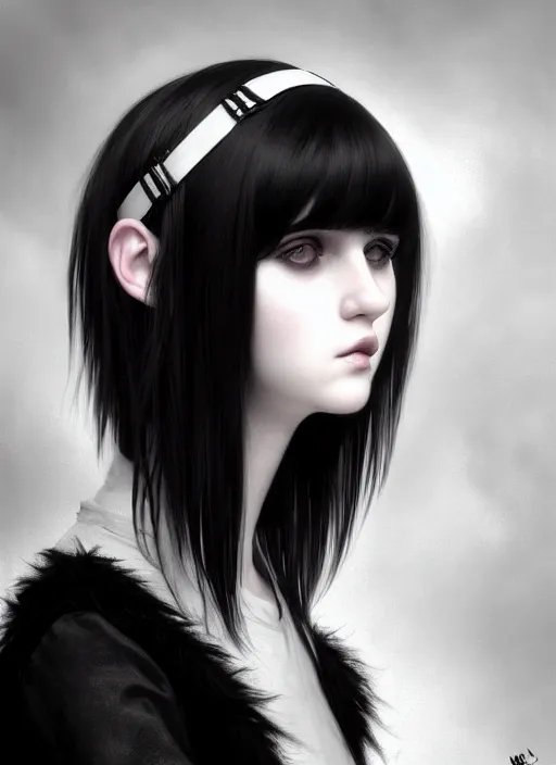 Image similar to portrait of white teenage girl, normal face, black bangs, mall goth, cyberlox, black and white hair, bangs, fluffy bangs, intricate, elegant, highly detailed, digital painting, artstation, concept art, sharp focus, smooth, illustration, art by wlop, mars ravelo and greg rutkowski