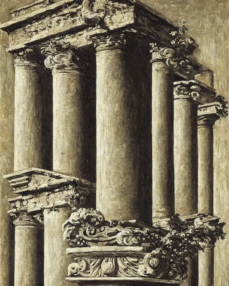 Image similar to achingly beautiful painting of intricate ancient roman corinthian capital on black background by rene magritte, monet, and turner. giovanni battista piranesi.