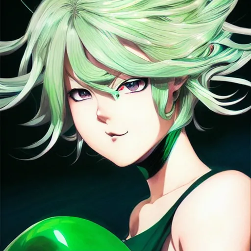 Prompt: tatsumaki from one punch man, green wavy hair, black dress, fine details, sharp focus, intricate, realistic shaded perfect face, by cushart krenz makoto shinkai artgerm ilya kuvshinov rossdraws